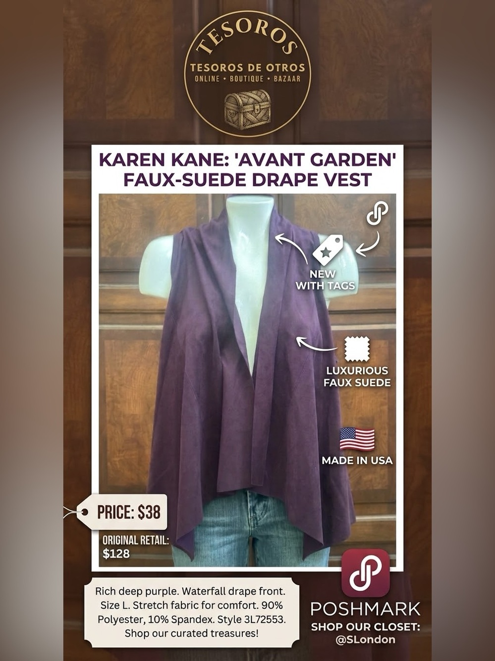 NWT Karen Kane Eggplant Purple Faux Suede Waterfall Drape Vest L